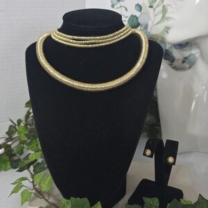 Gold Shimmer Double Choker Necklace And Earrings Set